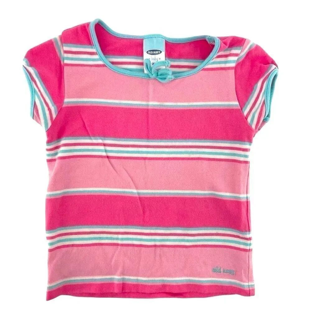 Vintage Old Navy Toddler Girls Tee Pink Blue Striped Cotton Size 3T